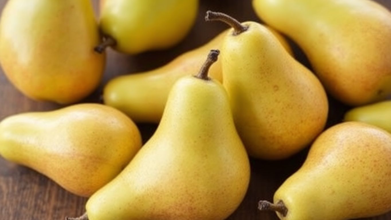 Taze armutlar ahşap masada düzenlenmiş.