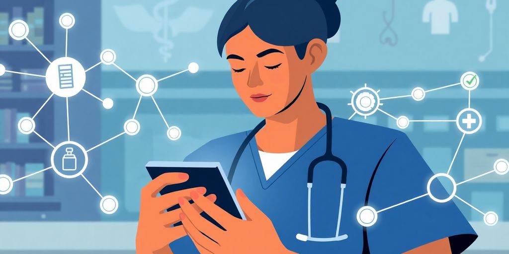 Patient with digital device in a blockchain healthcare setting.