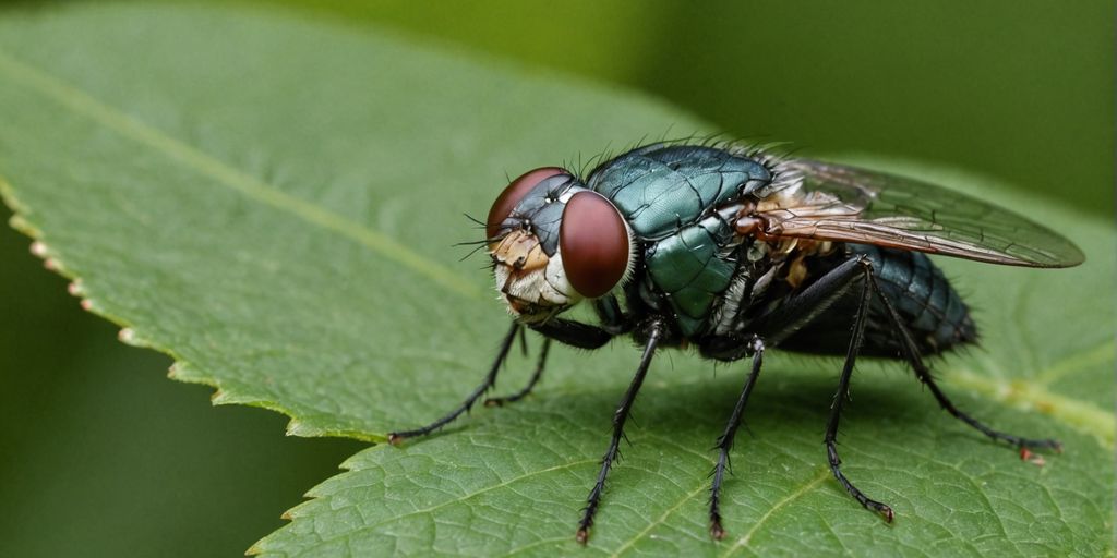 Housefly perched on a green leaf