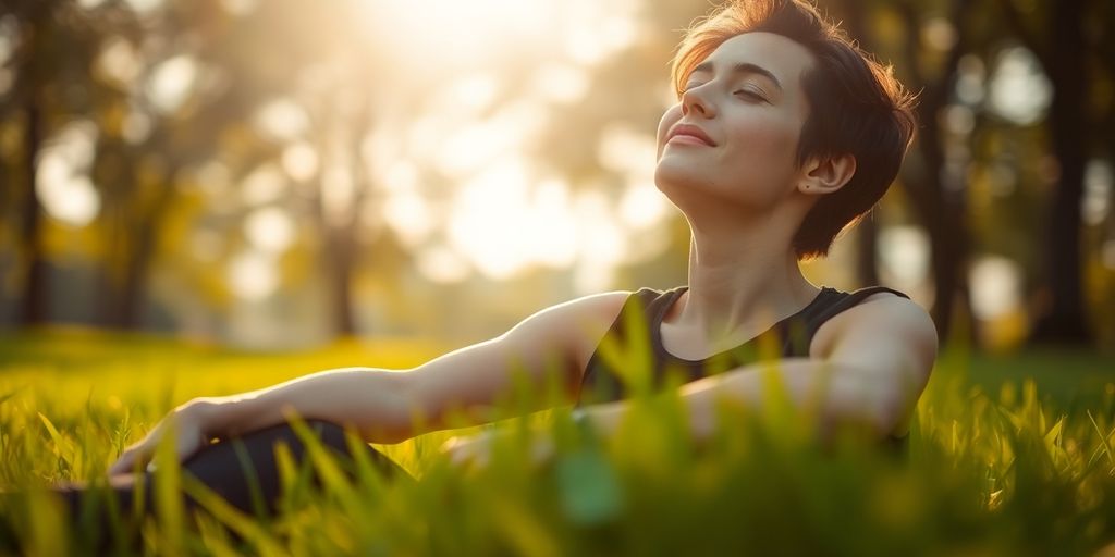 Person meditating peacefully outdoors.