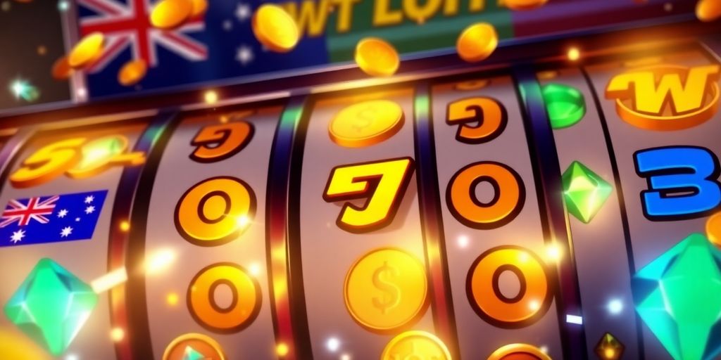 Spinning reels with Australian coins and glowing symbols.