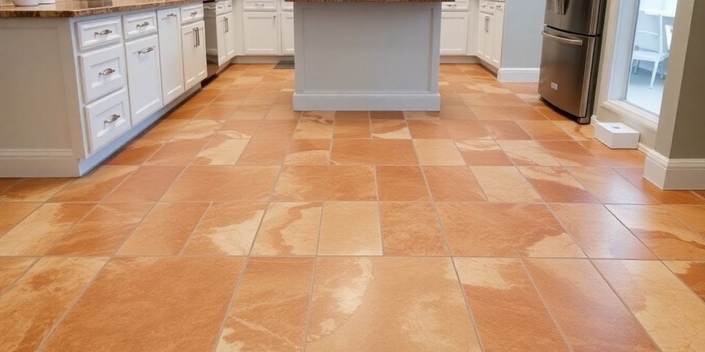 Elegant tiled kitchen floor by Wemhoff Tile and Remodeling.