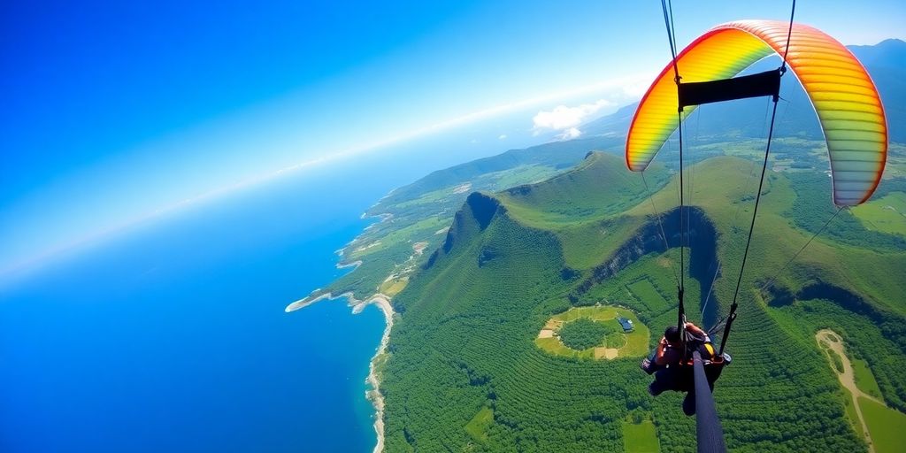 Paraglider flying over Bali's stunning scenic landscape.