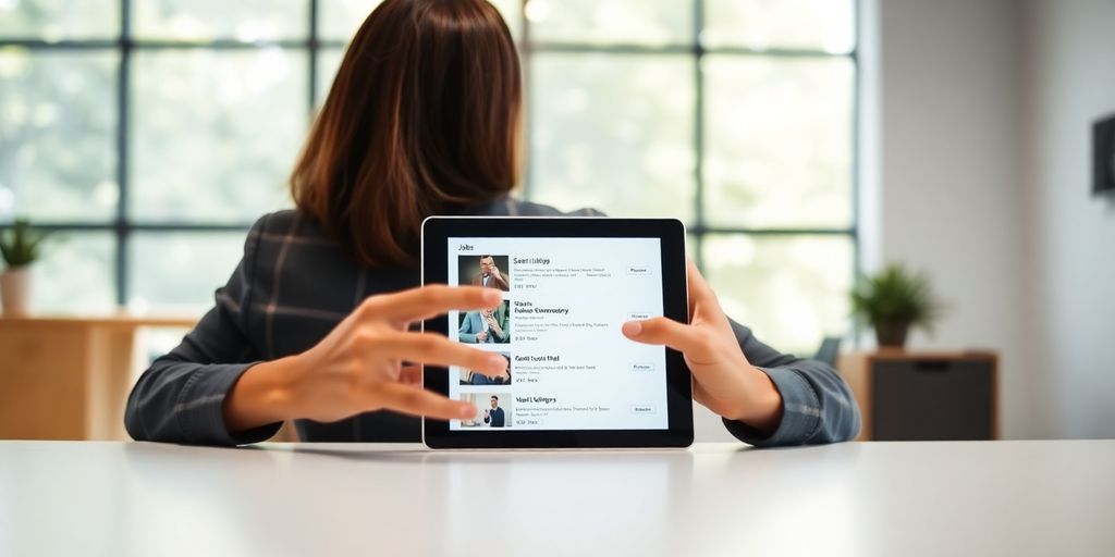 Person quickly browsing job listings on a tablet.