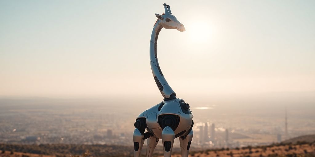Advanced giraffe-like robot in futuristic landscape.