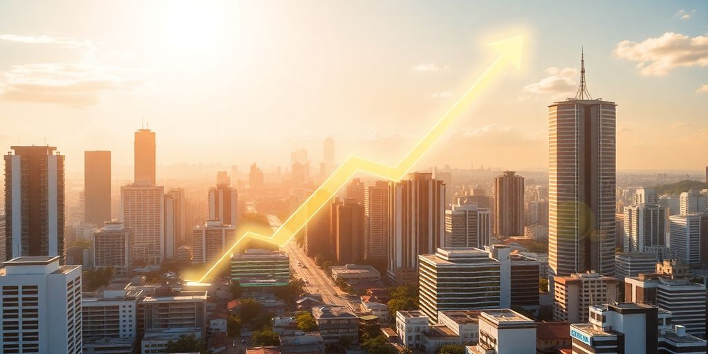 Thailand cityscape with glowing digital growth arrow