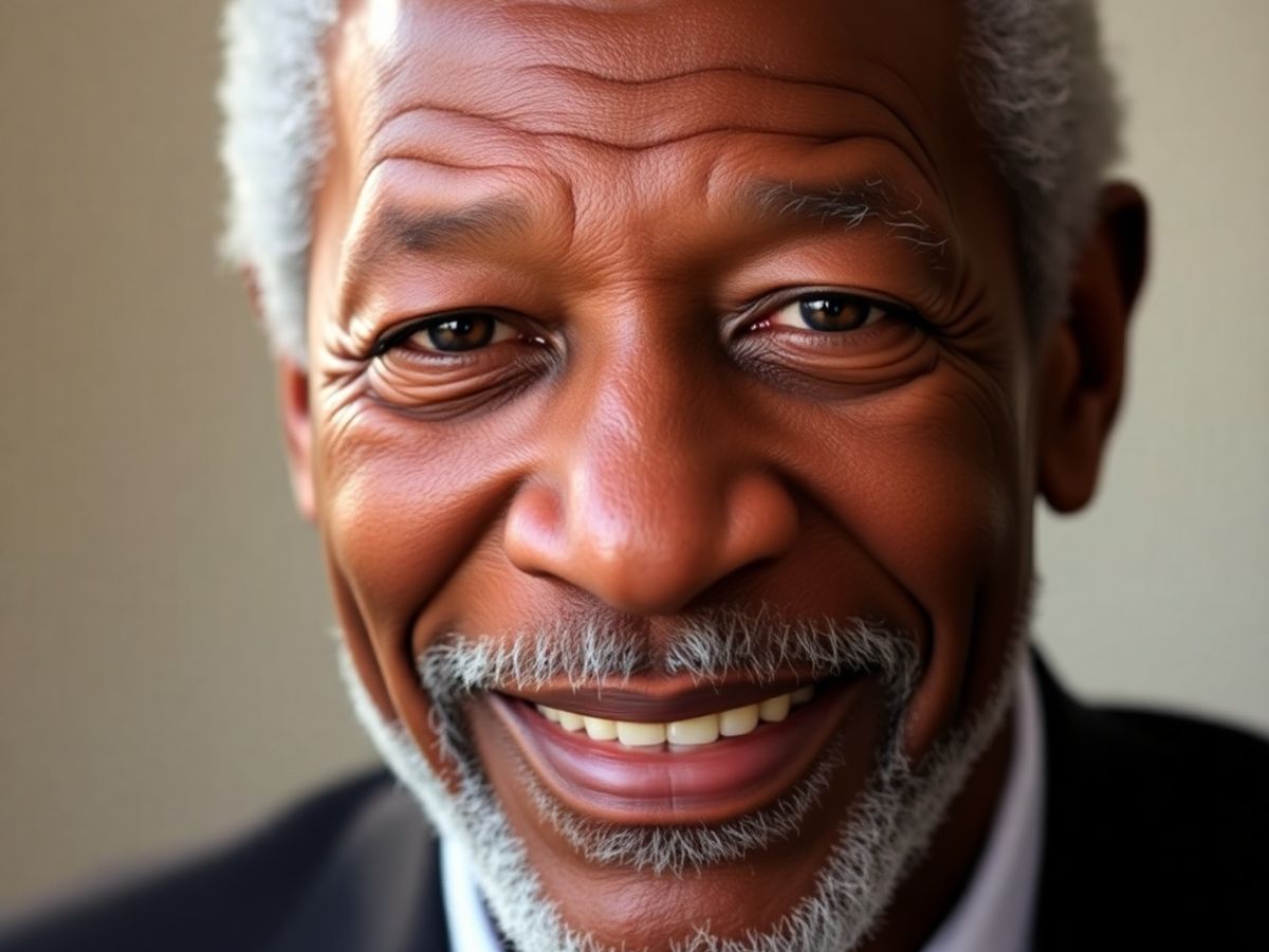Morgan Freeman zâmbind cu încredere în prim plan.