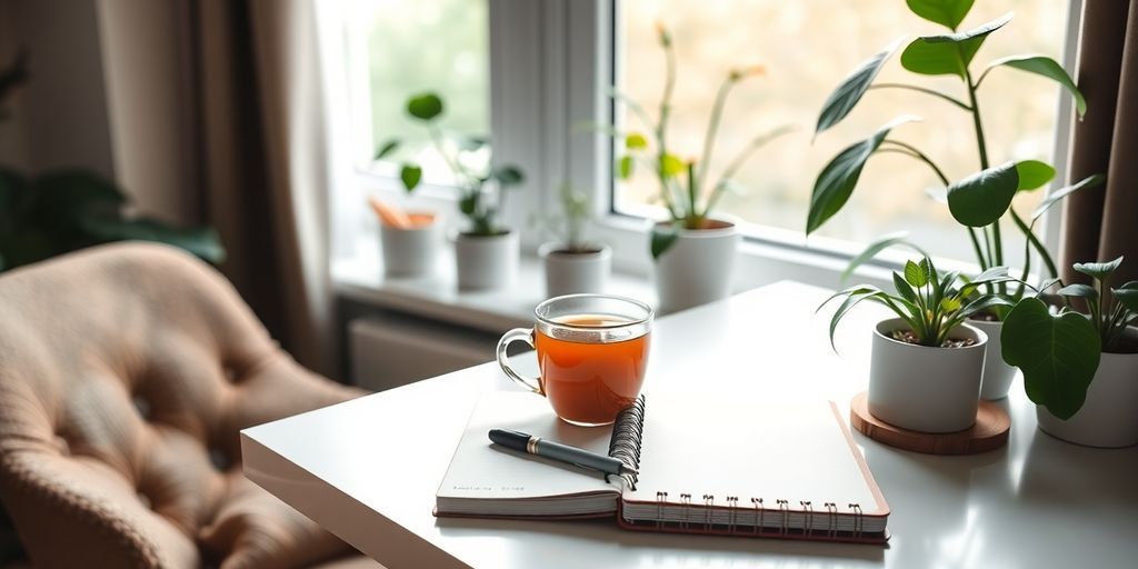 Cozy workspace with plants, tea, and a notebook.