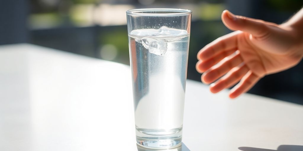 Person drinking a glass of clear water.
