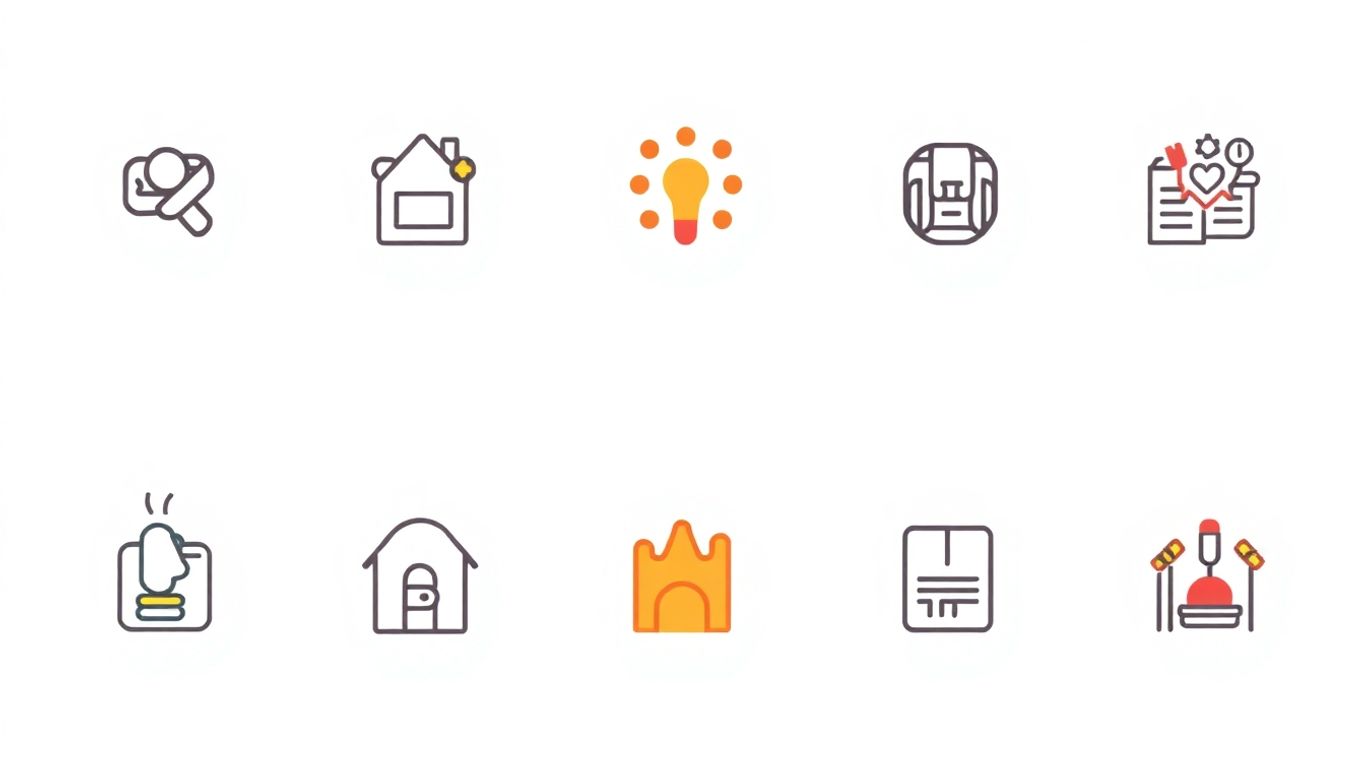 Moderne logo design illustrasjon med flate ikoner og symboler.