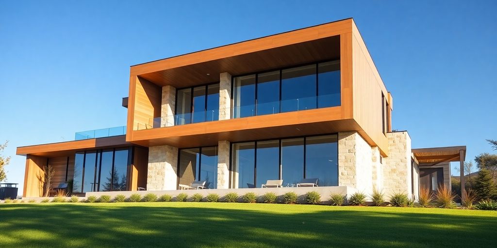 Luxury modern home with expansive windows.