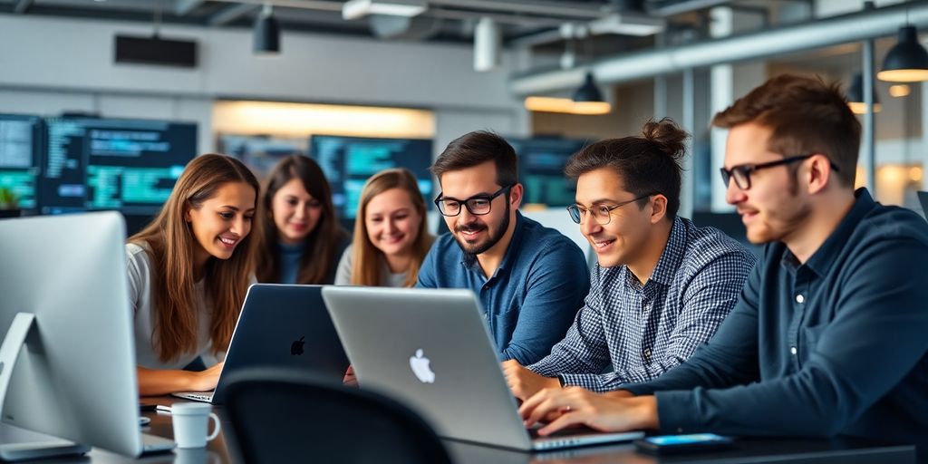 Group of blockchain developers collaborating in a modern workspace.