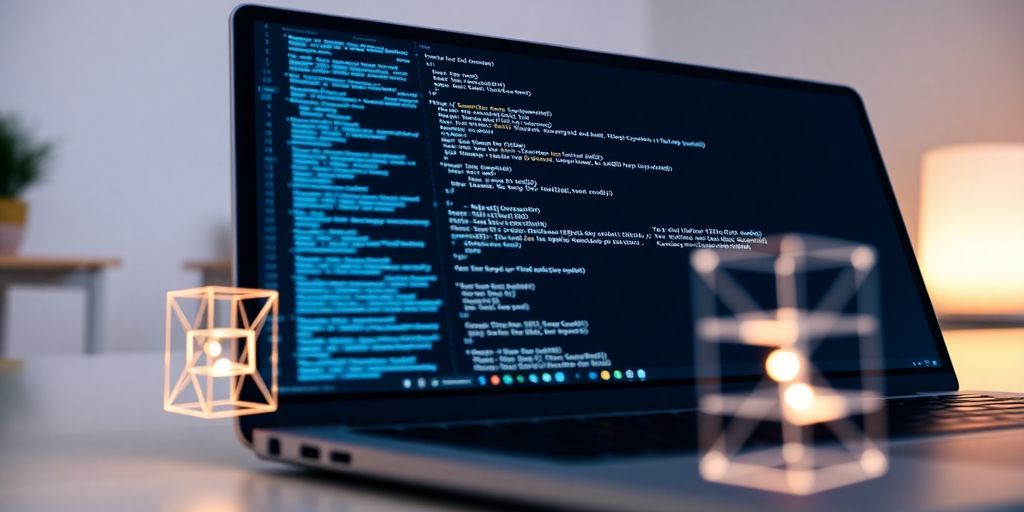 Laptop with code, glowing blockchain elements.