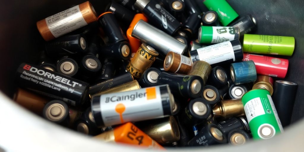 Pile of old batteries in a discard bin.
