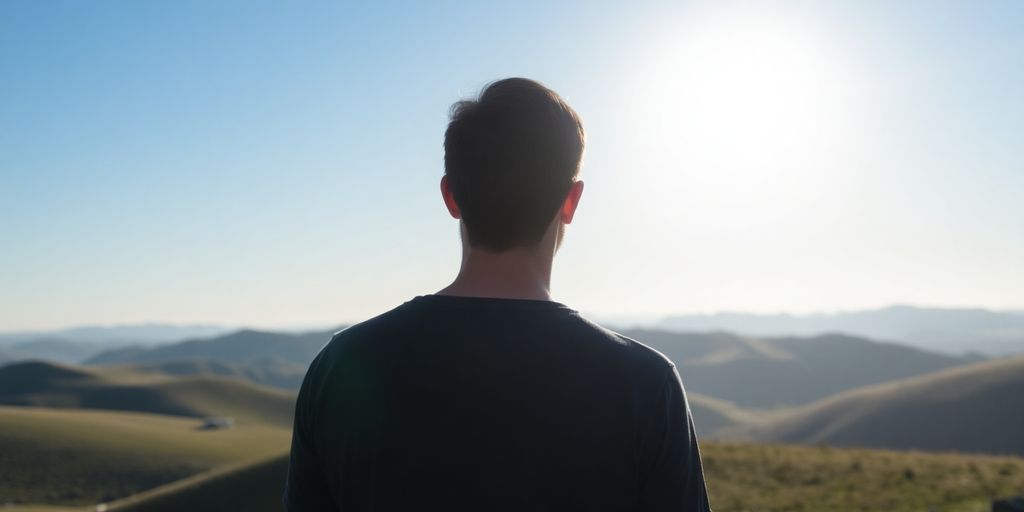 Person looking at a serene landscape, finding peace.