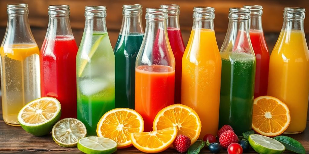 น้ำผลไม้หลากหลายสีสันและน้ำเปล่าในขวดแก้ว