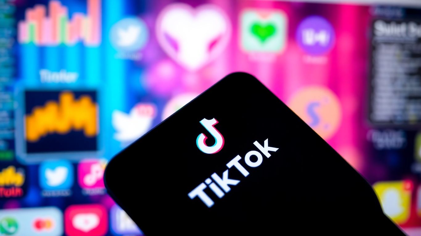 Smartphone with TikTok app on a blurred digital background.