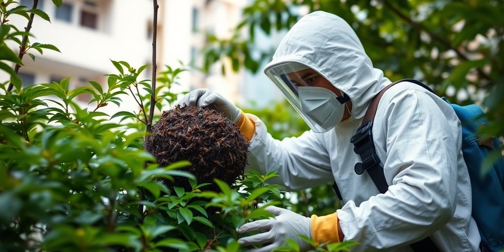 Specialist în deratizare inspectând un cuib de viespi.