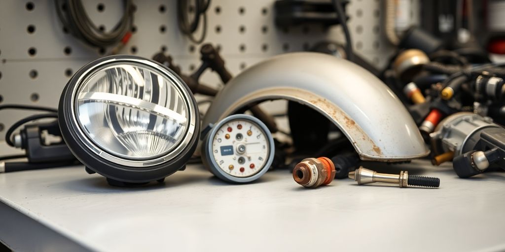 Used Mini Cooper parts on a workbench.