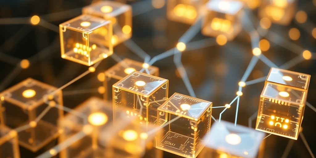 Glowing interconnected blocks, flowing data streams, secure digital network.