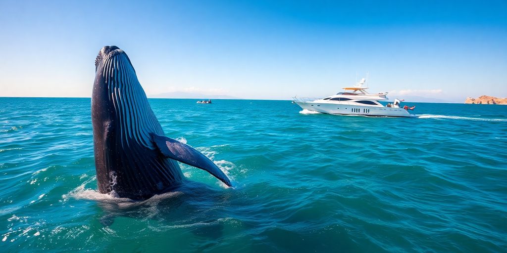 Humpback whale breaches near luxury yacht in Cabo.