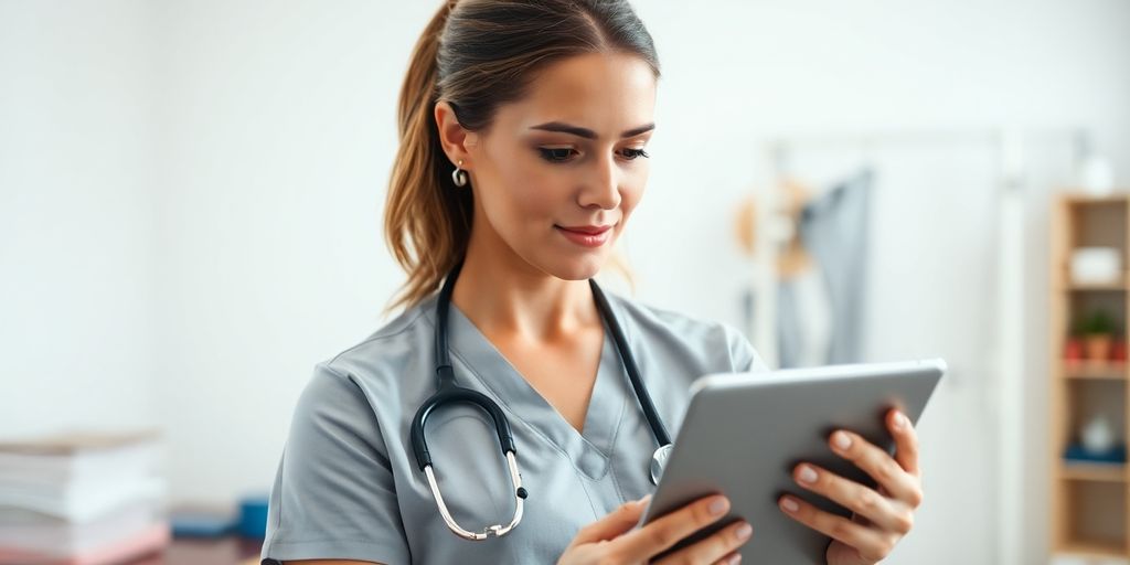 Physical therapist using EMR on tablet.