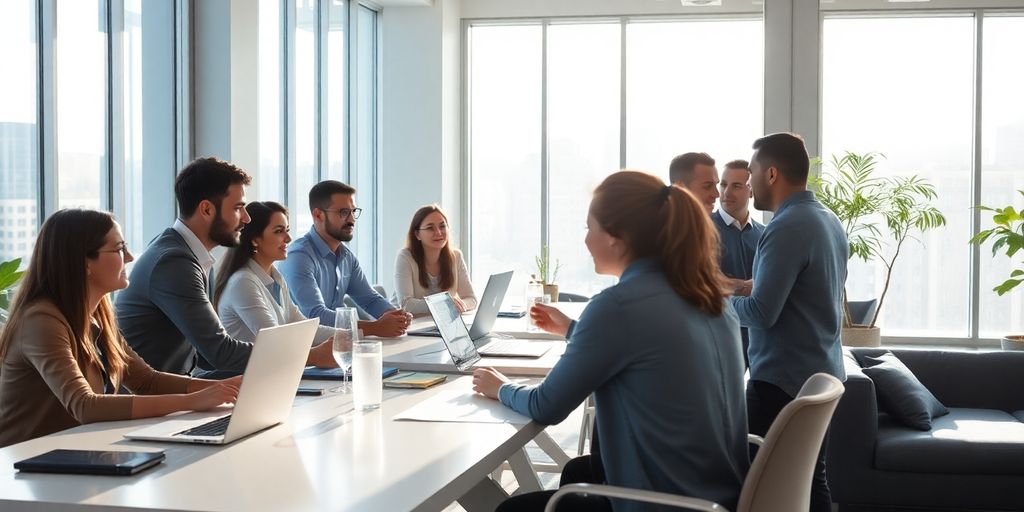 Team members collaborating in modern office.