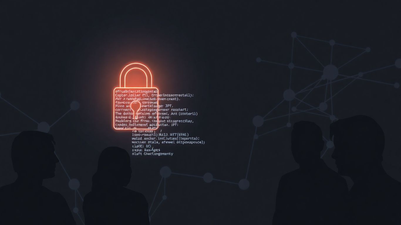 Digital padlock cracking, code spilling out, concerned silhouettes.