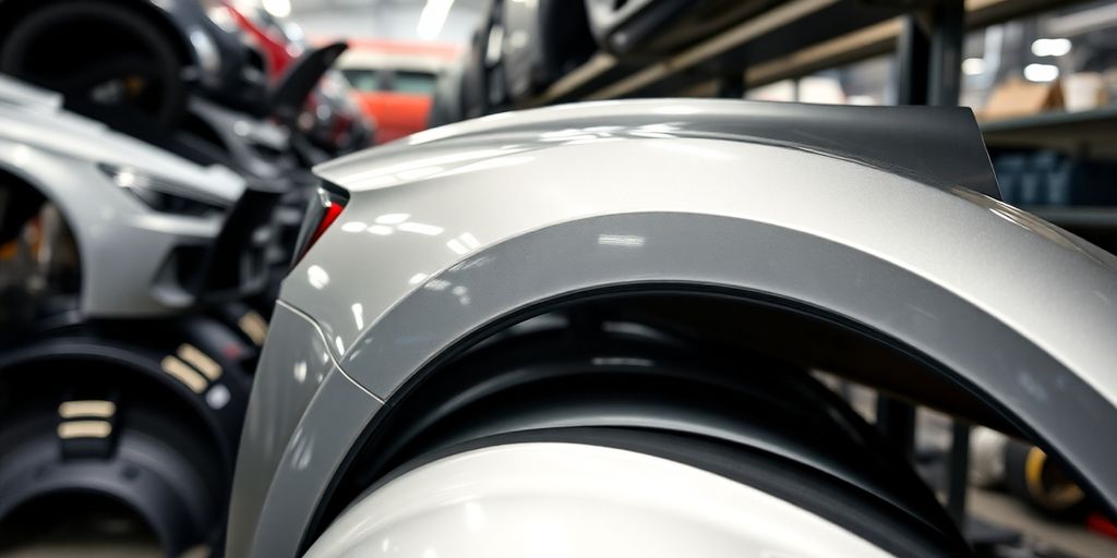 Shining Skoda car body parts arranged in a workshop.