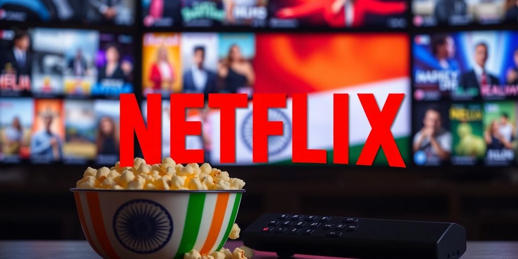 Netflix logo with Indian flag colours, popcorn, remote.