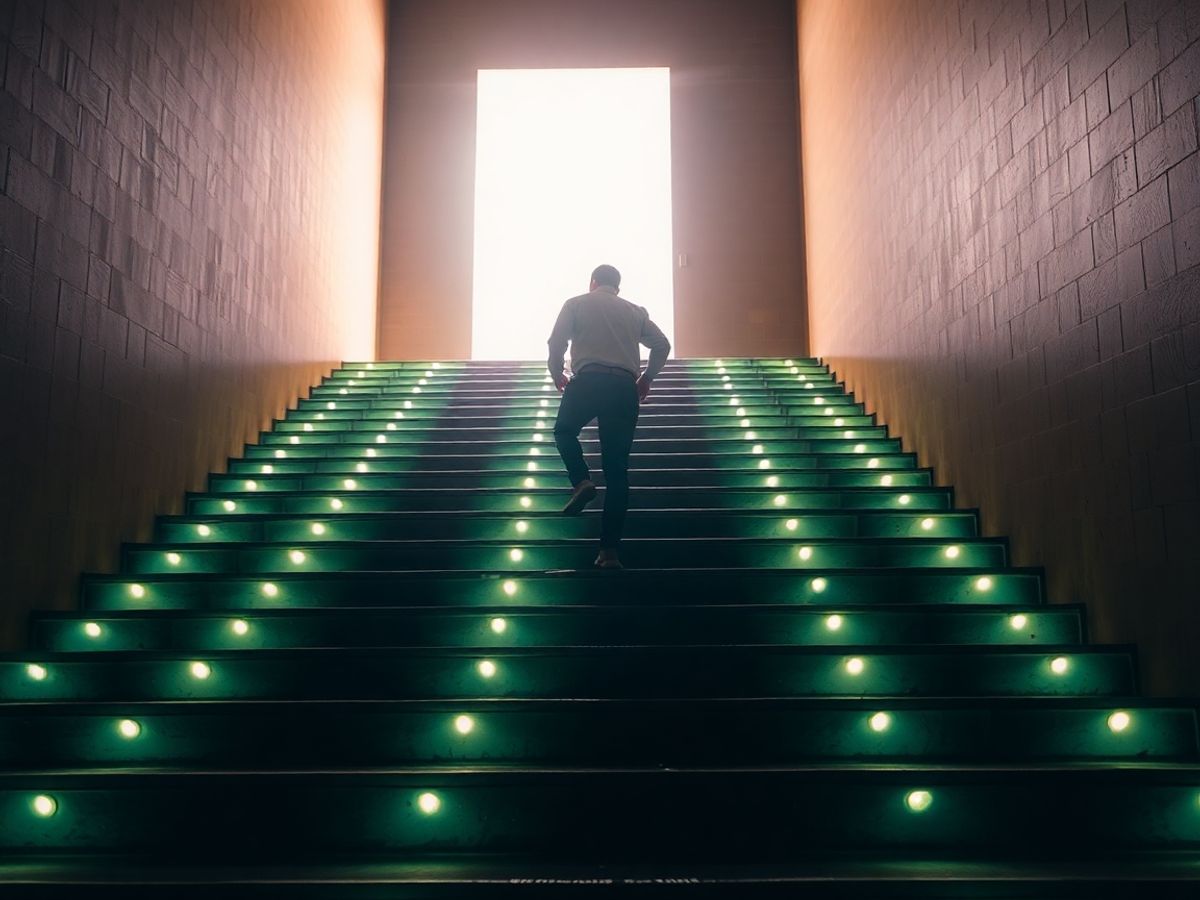 Persoană urcând scări spre lumină.