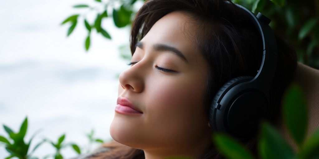Person relaxing with headphones, peaceful nature background.