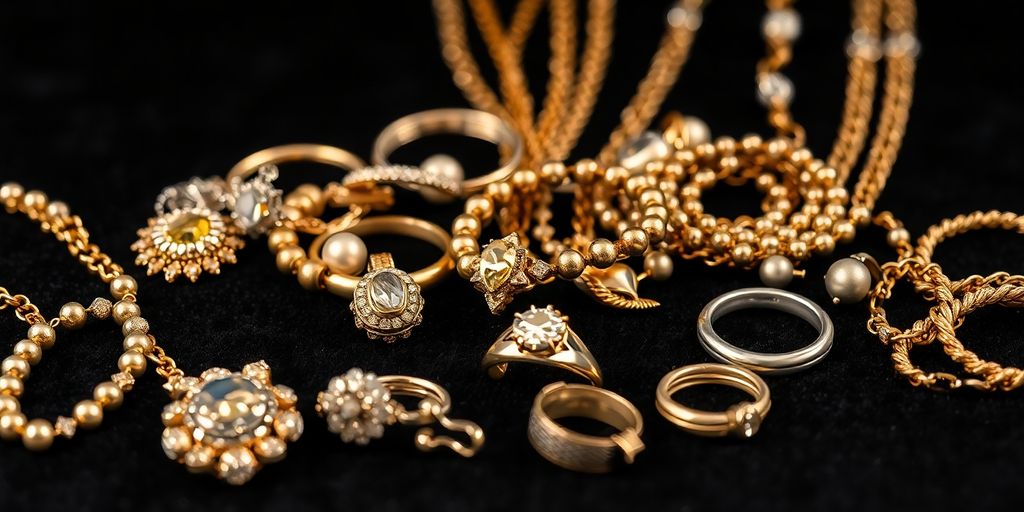 Assorted jewelry pieces sparkling on a velvet display.