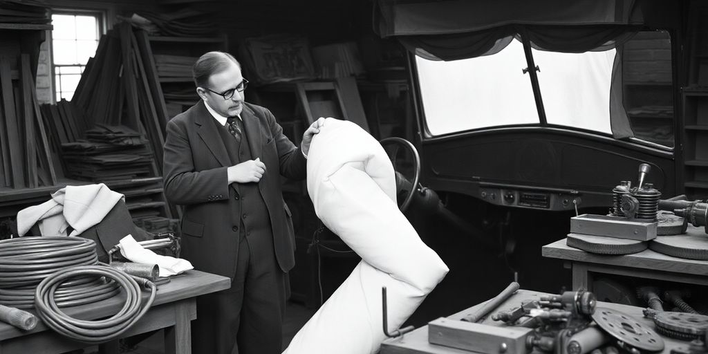 Two inventors examine early inflated airbag attached to steering wheel.