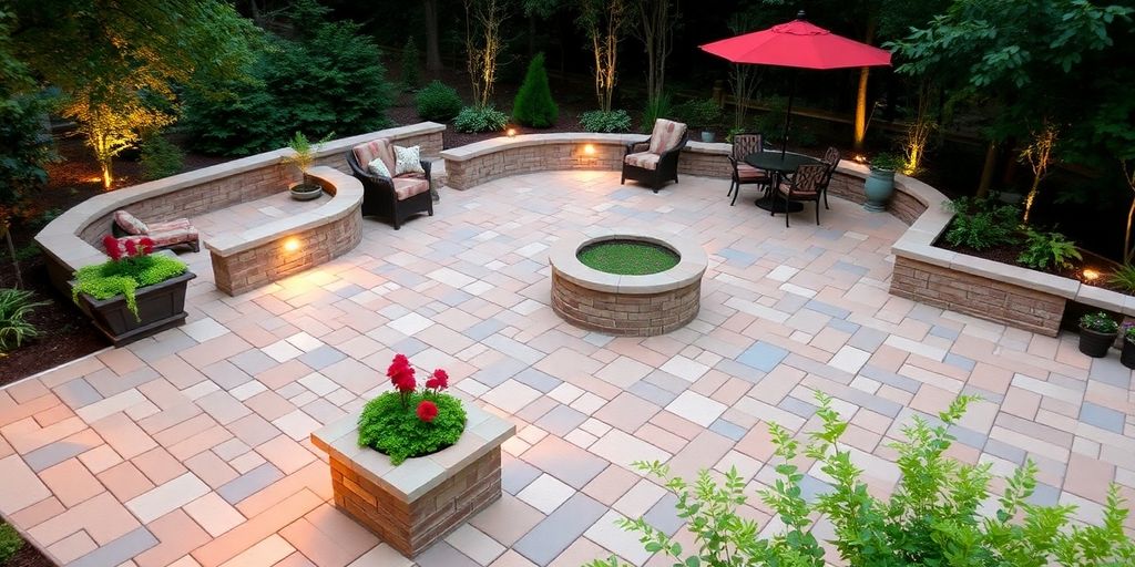 Beautiful paver patio with seating and greenery surrounding it.