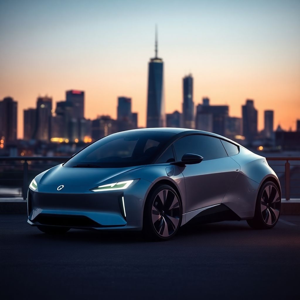 Futuristic electric car in an urban setting at dusk.