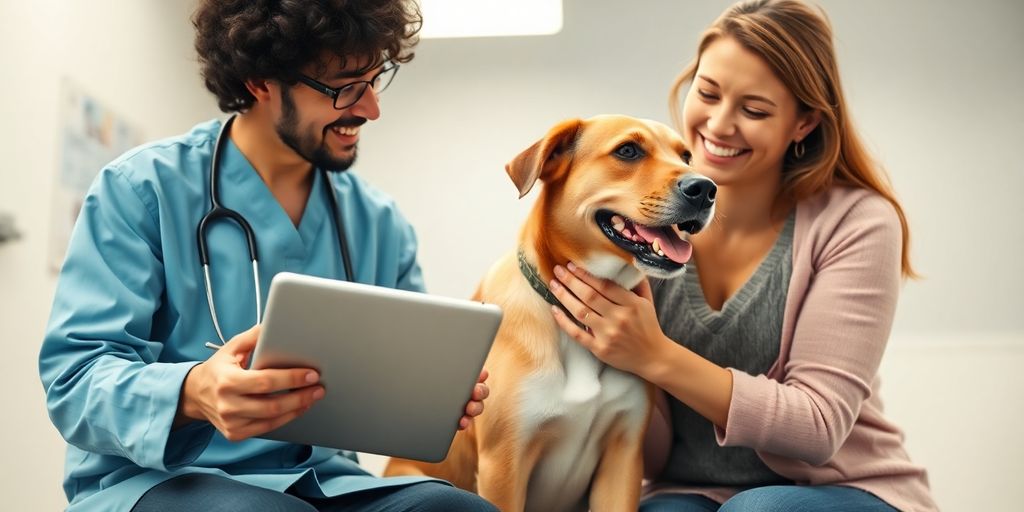 Veterinarian with tablet, happy pet owner, wagging dog.