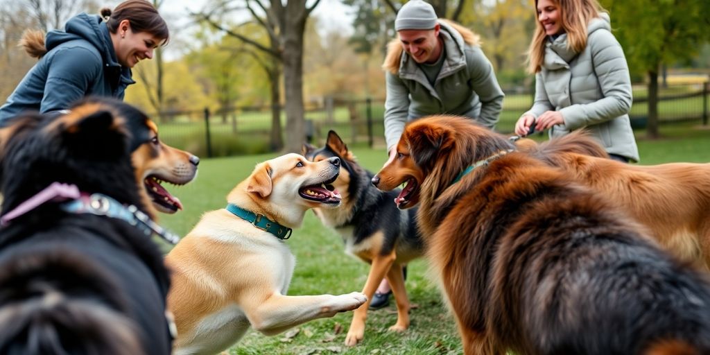 Happy dogs playing together in a park.