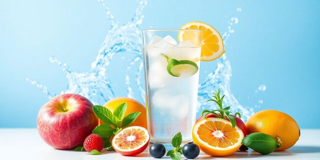 Glass of water with fruits and herbs for hydration.