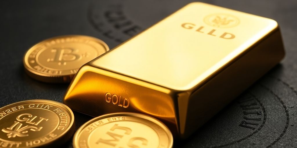 سبائك وعملات ذهبية لامعة على خلفية داكنة.