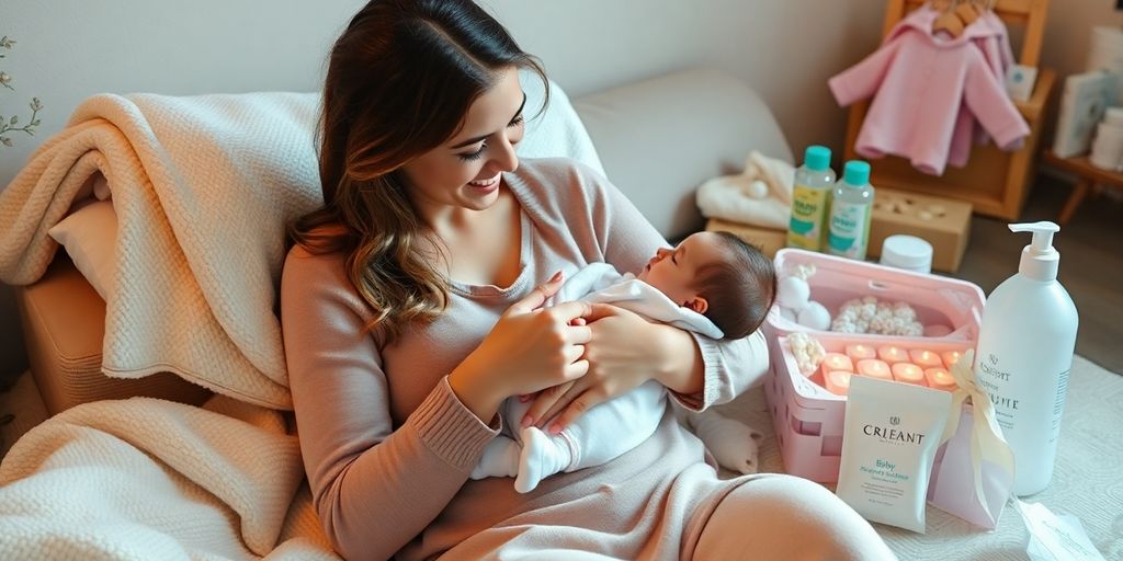 Newborn mother with baby and thoughtful gifts around.