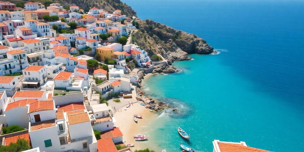 Coastal Spanish town with white buildings, blue sea.
