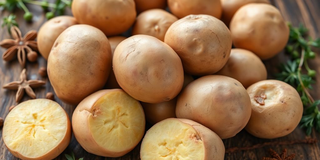 Verse biologische Connect aardappelen op een houten tafel.