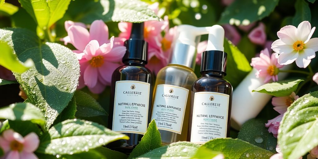 Vibrant botanicals and clean skincare bottles.
