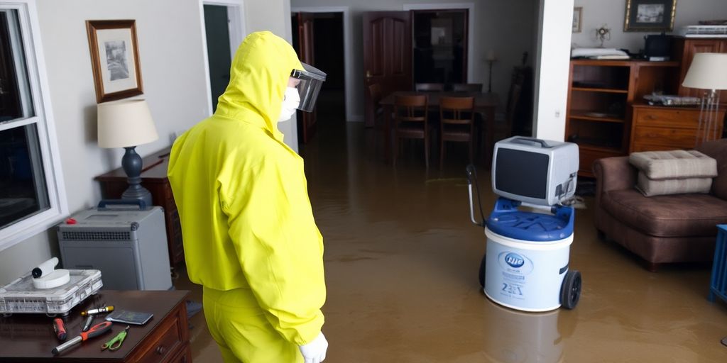 Water damage restoration technician inspecting flooded area.