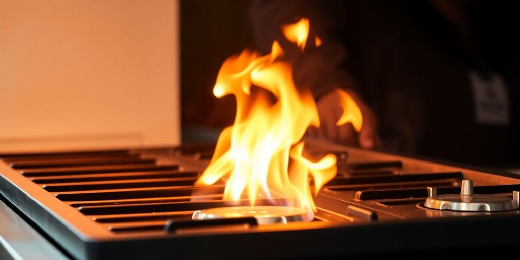 LPG gas griddle with flames from burners.