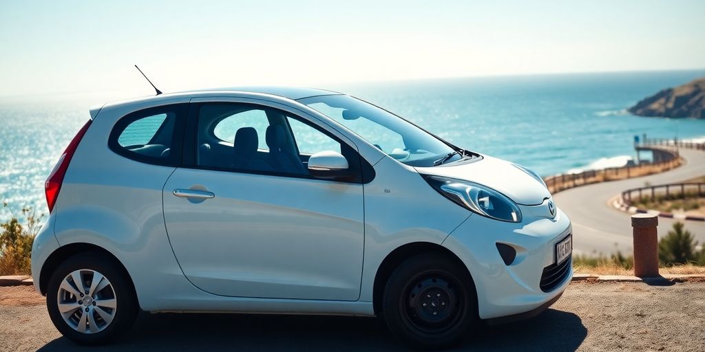 Compact car parked by ocean, sunny day, clear sky.