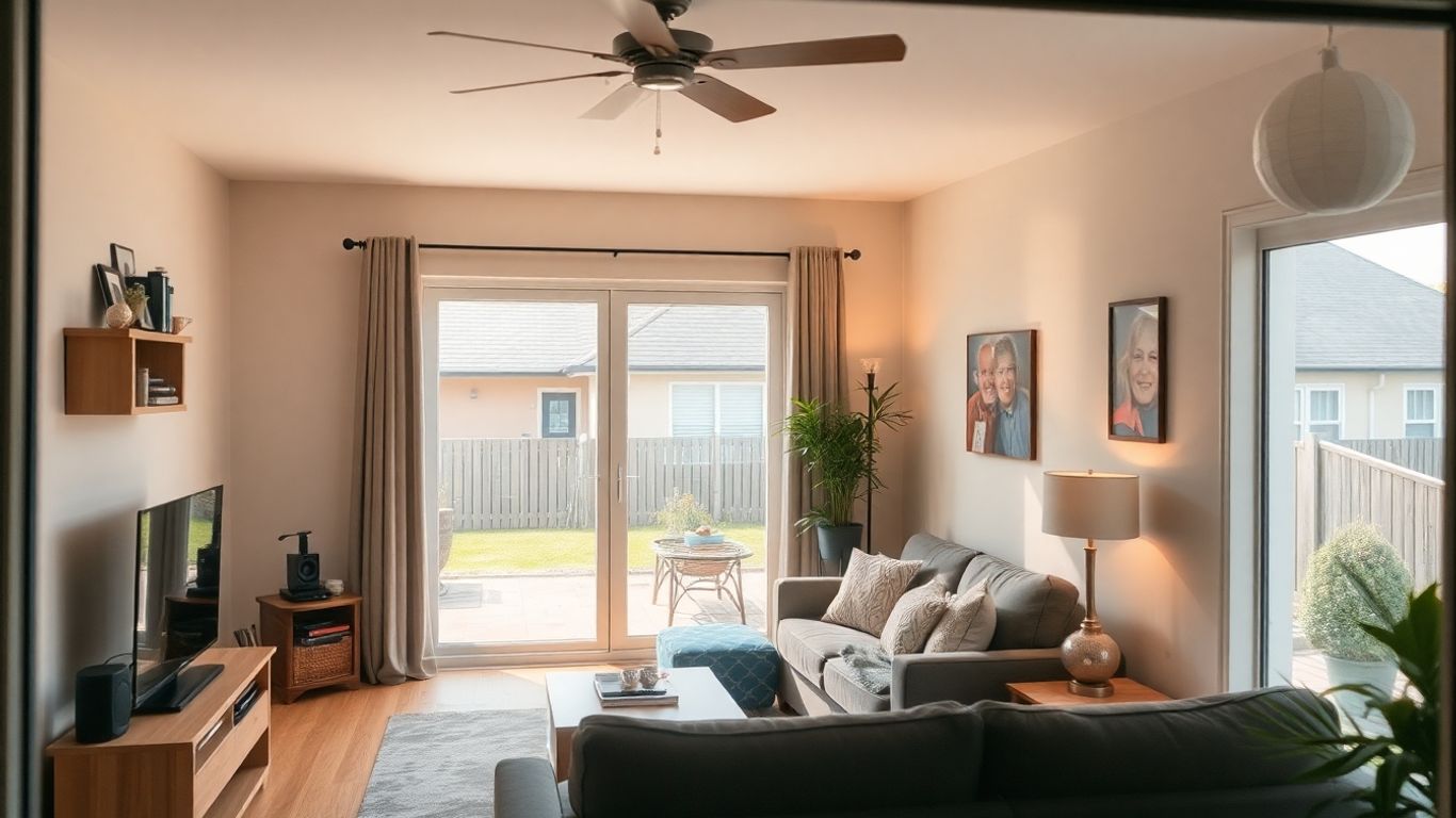 Sala moderna con muebles y electrodomésticos en una casa segura.