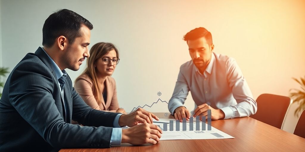 Business professionals analyzing upward price trends.