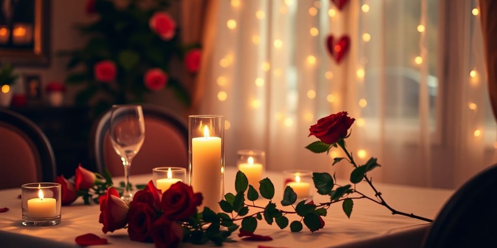 Candlelit dinner with roses for a romantic Valentine's Day.